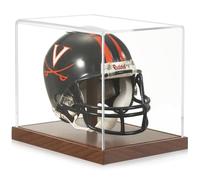 JupDec Mini Football Baseball Helmet Display Case, Acrylic Clear 1/2, UV Protection, Brown Wood Base & Risers, Sports Collectibles Box