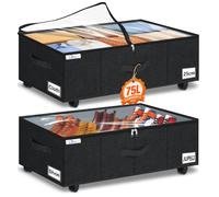 JUPELI 25cm Tall Under Bed Storage Boxes on Wheels, 75L Underbed Drawers | 5 Rolling Wheels, Clear Lid , for Clothes, Shoes, Blankets and Bedding, Under Sofa, Cot, Wardrobe Organiser, 2-Pack, Black