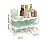 JUPELI Expandable Cupboard Shelf Organiser, Adjustable Kitchen Cabinet Shelf for Worktop or Cupboard, Sturdy Pantry Storage for Plates, Spices & Tins, Easy No-Tool Assembly, Anti-Slip Base (26-41cm)