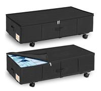 JUPELI Under Bed Storage Organiser on Wheels & Metal Bottom Support, Large Clothes Storage Box For Clothes, Blanket, Black, 22cm Tall