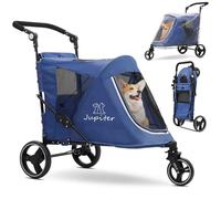 JupiterJX 3-Wheel Dog Stroller with Rain Cover, Foldable Pet Travel Carrier Cart with Adjustable Handle, One-Foot Brake, Mesh Windows & Zipper Closure, for Small to Large Dogs up to 30kg (Blue)