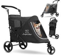 JupiterJX 3-Wheel Dog Stroller with Rain Cover, Foldable Pet Travel Carrier Cart with Adjustable Handle, One-Foot Brake, Mesh Windows & Zipper Closure, for Small to Large Dogs up to 30kg (Black)
