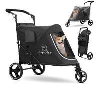 JupiterJX 3-Wheel Dog Stroller with Rain Cover, Foldable Pet Travel Carrier Cart with Adjustable Handle, One-Foot Brake, Mesh Windows & Zipper Closure, for Small to Large Dogs up to 30kg (Black)