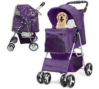 JupiterJX Dog Stroller with Rain Cover, Pet Pram for Small Medium Dogs, Dog Buggy with Storage Basket Cup Holder, Cats Dogs Pushchair, Foldable Pet Pram for Cats Puppies Dogs (Purple with Rain Cover)
