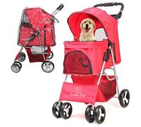 JupiterJX Dog Stroller with Rain Cover, Pet Pram for Small Medium Dogs, Dog Buggy with Storage Basket Cup Holder, Cats Dogs Pushchair, Foldable Pet Pram for Cats Puppies (Red with Rain Cover)