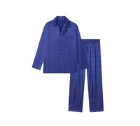 JupiterSecret Men's Silk Pajama Set Satin Long Sleeve Button-Up Nightgown Luxury Two-Piece Sleepwear with Pockets Blue