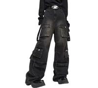 jupkem Men's Baggy Jeans Y2k Goth Wide Leg with Multiple Pockets Women Fashion 90s Hiphop Cargo Pants Y2k Harajuku Streetwear, Black8, Medium
