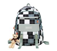 jupkem Women's Kawaii Checkered Backpack Black and White Pattern with Cute Pendant Large Capacity Travel Casual Daypack, Green, 17.32 Inches X 11.42 Inches X 5.91 Inches, Casual