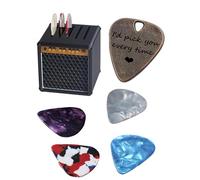 JUPPE 5Packs Guitar Pick Plectrums with Amp Speaker Holder Organizer Storage Case Metal and Variety Colorful Celluloid Plectrums for Bass Electric Acoustic Guitars Ukulele (Speaker box+5pcs picks)