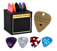 JUPPE 5Packs Guitar Pick Plectrums with Amp Speaker Holder Organizer Storage Case Metal and Variety Colorful Celluloid Plectrums for Bass Electric Acoustic Guitars Ukulele (Speaker box+5pcs picks)