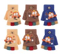 Jupsk 3 Pairs Kids Fingerless Gloves Winter Flip Top Mittens Knit Warm Stretch Colorful Vehicle Fluffy Magic Gloves for Children Girls Boys 4-10 Years