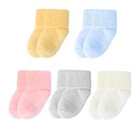 Jupsk Baby Socks with Grips, 5 Pairs Winter Terry Thick Warm Non Slip Solid Color Roll Top Socks for Toddler Infant Girls Boys 6-12 Months