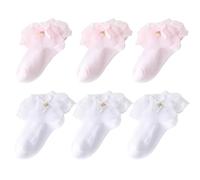 JUPSK Girls Frilly Ankle Socks Kids Ballet Ruffle Lace School Pink White Cotton Socks for Toddler Children 7-9 Years 6 Pairs