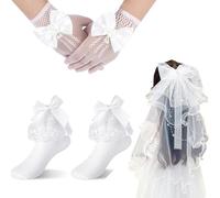 Jupsk Girls White Gloves Frilly Socks Kids Princess Lace Gloves Communion Cotton Wedding Flower Girl's Ballet Socks Veil for Baby Children 8-10 Years