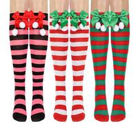 Jupsk Kids Christmas Socks Over Knee High Socks with Bows and Fluffy Balls Striped Long Stockings for Children Girls 3 Pairs