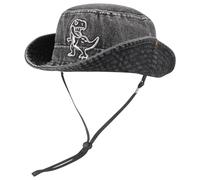 Jupsk Kids Denim Cowboy Hat Dinosaur Embroidery, Children Bucket Sun Hat for Boys Girls 3-8 Years, Wide Brim Summer Hats with Chin Strap, Black