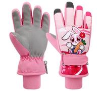 Jupsk Kids Winter Ski Gloves Waterproof Anti Slip Fluffy Thermal Snowboard Pink Bunny Gloves for Children Girls Boys Age 7-9