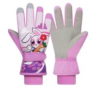 Jupsk Kids Winter Ski Gloves Waterproof Anti Slip Fluffy Thermal Snowboard Purple Bunny Gloves for Children Girls Boys Age 7-9