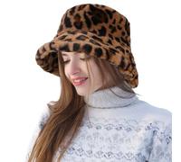 Jupsk Winter Warm Furry Bucket Hat, Faux Fur Hat Women's Fisherman Cap with Windproof Strap, Soft Plush Fluffy Hat Comfortable and Cozy Winter Accessory, Brown Leopard Print