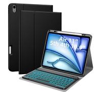 JUQITECH Case with Keyboard for iPad Air 11 Inch 2025 2024, iPad Air 7th/6th/5th/4th Generation 7 Colors Backlit Wireless Detachable Keyboard Soft Protective Cover Case with Pencil Holder, Black