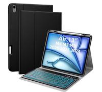 JUQITECH iPad Air 13 inch Keyboard Case 2025 2024 M3 M2, 7 Colors Backlit Bluetooth Removable Keyboard Smart Multi-Angle Soft Folio PU Protective Cover Case with Apple Pencil Pro Holder,Black