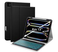 JUQITECH iPad Pro 13 Inch Case with Keyboard M5 2025 M4 2024 Keyboard Case, 7Colors Backlit Bluetooth Removable Keyboard Soft Protective Folio Tablet Case Built-in Apple Pencil Pro Holder, Black
