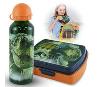 Jurassic W0rld Lunch Box with 500ml Aluminium Summer Water Bottle Kids Set, Rectangular Back to School, Road Trip Travel, Lunch Food Box Sandwich, Food Container, Dinosaur Picnic, BPA Free