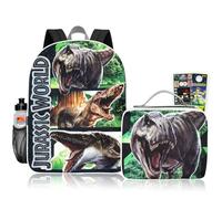 Jurassic World Backpack with Lunch Box - Bundle with Dinosaur Backpack, T-Rex Lunch Bag, Water Bottle, Stickers, More | Jurassic World School Bag with Lunchbox Set