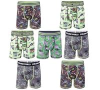 Jurassic World Boy's Brief Multipacks with T-rex, Raptor and Triceratops Print Options in Sizes 4, 6, 8, 10 & 12, Pack of 7 Athletic Boxer Shorts, Green Dino Design