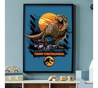 Jurassic World Camp Cretaceous Print - T-Rex Crushing Car Wall Art Poster (Black Frame, A4)