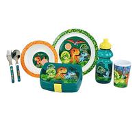 Jurassic World Children's Dishwasher Set with Glass 220 ML, DEEP Plate Ø 16 CM, Plate Ø 22 CM, Cutter H.13.5 CM, 350 ML Bottle and Taste Box, Green-Brown-Gray
