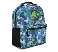 Jurassic World Nylon Allover Print Backpack - Adventure Awaits with Tyrannosaurus Rex, Velociraptor, and Triceratops Bookbag, Blue