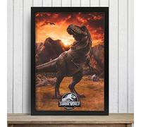 Jurassic World Print - T-rex and Sunset Poster Kids Bedroom Wall Art (Framed Black, A4)