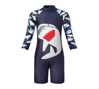 Jurebecia Boys Swimming Costume - One-Piece Shark Print Swimsuit with UV Protection - Navy Blue, 5-6 Years