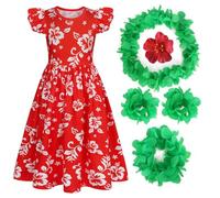 Jurebecia Girls Red Princess Costume Ruffle Sleeve Flower Print Sundress Kids Hawaiian Summer Fancy Dress Halloween Hawaiian Outfit for Girl 7-8 Years