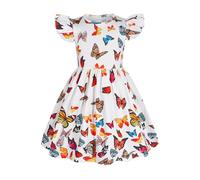 Jurebecia Girls Summer Dresses Children's Flutter Sleeve Butterfly Dresses Casual Party Sundress Girls' Summer School Clothing White 6-7 Years