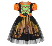 Jurebecia Halloween Witch Costume Kids Pumpkin Witch Dress with Puff Sleeve for Girls Wicked Theme Party Cosplay Dressing up Orange 7-8 Years