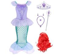 Jurebecia Mermaid Dress for Girls Princess Dressing up Costumes Kids Little Girls Mermaid Costume With Wig Ruffles Short Sleeve Birthday Halloween Green 7-8 Years