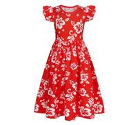 Jurebecia Princess Dress for Girls Red Flutter Sleeve Kids Hawaiian Flower Fancy Dress Halloween Cosplay Costumes 4-5 Years