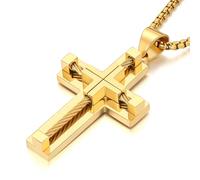 Jurikko Men's Cross Necklace 316L Stainless Steel Large Jesus Christ Silver/Gold/Black Cross Pendant Necklace for Boys Round Link Chain 24"/28", Stainless Steel, No Gemstone