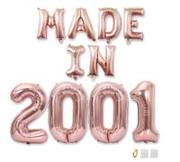 Jurxy 24th Birthday Balloon Banner Decorations Rose Gold MADE IN 2001 Aluminum Foil Letters Balloons Happy Birthday Sign Party Supplies for Men Women Photo Props Background Décor