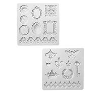 Jurxy 2pcs Silicone Fondant Cake Decorating Mould for Chocolate, Baking, Sugarcraft, Polymer Clay, Soap, Cupcake - Bee Crown Key Mirror Heart Lace Photo Frame - Grey