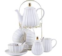 Jusalpha Fine China Pink Coffee Cup/Teacup Set, 8 OZ Cups& Saucer Set for 4, with Teapot-Sugar Bowl-Cream Pitcher Spoons, Tea Strainer and Tea Cup Holder (White, Serve of 4)