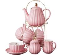 Jusalpha Fine China Pink Coffee Cup/Teacup Set, 8 OZ Cups& Saucer Set for 4, with Teapot-Sugar Bowl-Cream Pitcher Spoons, Tea Strainer and Tea Cup Holder (Pink, Serve of 4)