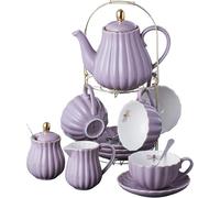 Jusalpha Fine China Pink Coffee Cup/Teacup Set, 8 OZ Cups& Saucer Set for 4,with Teapot-Sugar Bowl-Cream Pitcher Spoons, Tea Strainer and Tea Cup Holder (Purple, Serve of 4)