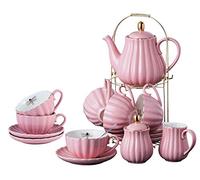 Jusalpha Fine China Pink Coffee Cup/Teacup Set, 8 OZ Cups& Saucer Set for 6, with Teapot-Sugar Bowl-Cream Pitcher Spoons, Tea Strainer and Tea Cup Holder (Pink, Serve of 6)