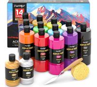 JusArt 14 Colors Acrylic Paint Bottle Set 500ml/ (2pcs 250ml Metallic Paints), Rich Pigmented Bulk Painting Supplies for Artists, Beginners Kids Adults on Rocks Canvas Crafts Wood Ceramic Fabric