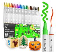 JusArt 24 Colors Dual Tip Acrylic Paint Markers with Dot and Fine Tip, No-Bleed Paint Pens and Waterproof Markers for Rock, Wood, Glass, Ceramic - Vibrant Art Supplies for Kids, Beginners & Artists