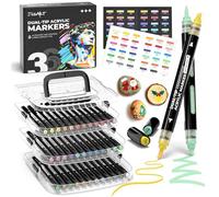 JusArt Automatic Ink Control Acrylic Paint Markers,36 Colors Dual Tip with Broad Tip and Brush Tip Pens for Ceramic, Wood, Canvas, Glass, Stone, Fabric, Rock Painting, DIY Crafts Art Supplies Kit