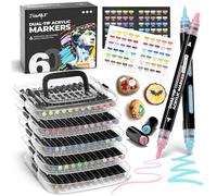 JusArt Automatic Ink Control Acrylic Paint Markers,60 Colors Dual Tip with Broad Tip and Brush Tip Pens for Ceramic, Wood, Canvas, Glass, Stone, Fabric, Rock Painting, DIY Crafts Art Supplies Kit